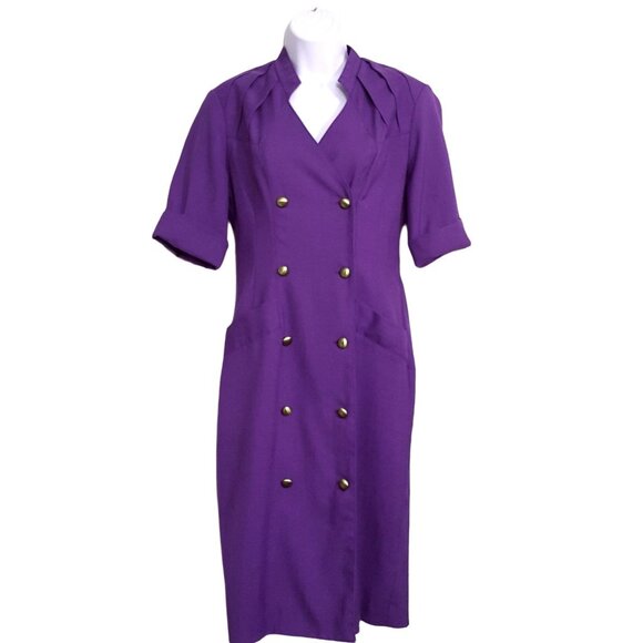 SL Fashions Vintage Womens Dress Size 12 Purple Double Breasted Faux Pockets Bel